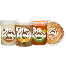 Oma’s soep tomaat, champignon of kip emmer à 500 ml of Oma’s pannenkoek naturelpak à 375 gram